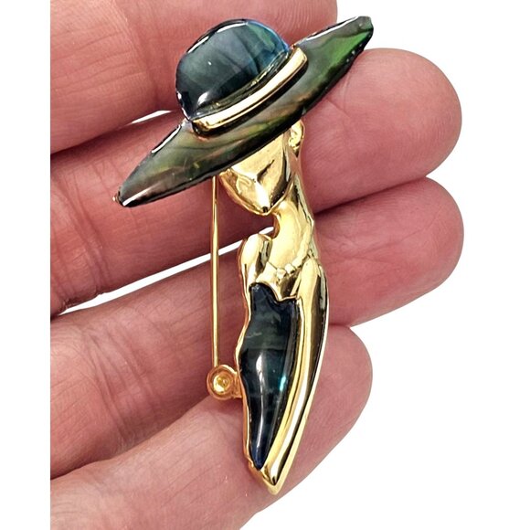 Park Lane Gold Tone Faux Abalone Lady In Hat Bust Brooch Pin, Signed L834 - Picture 2 of 9